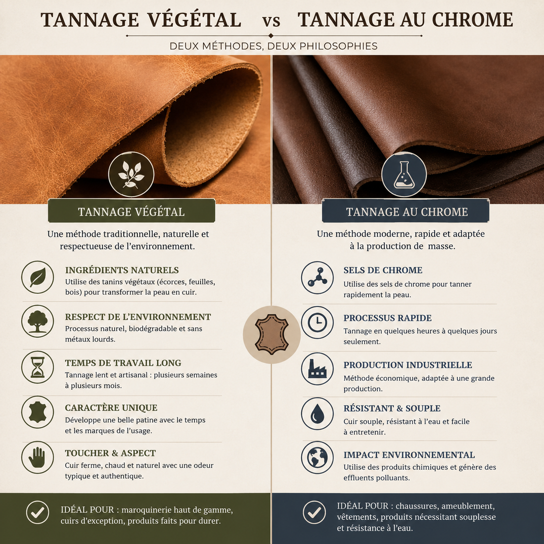 Infographie comparant le tannage végétal et le tannage au chrome : ingrédients, temps de fabrication, impact environnemental et usages recommandés pour chaque méthode