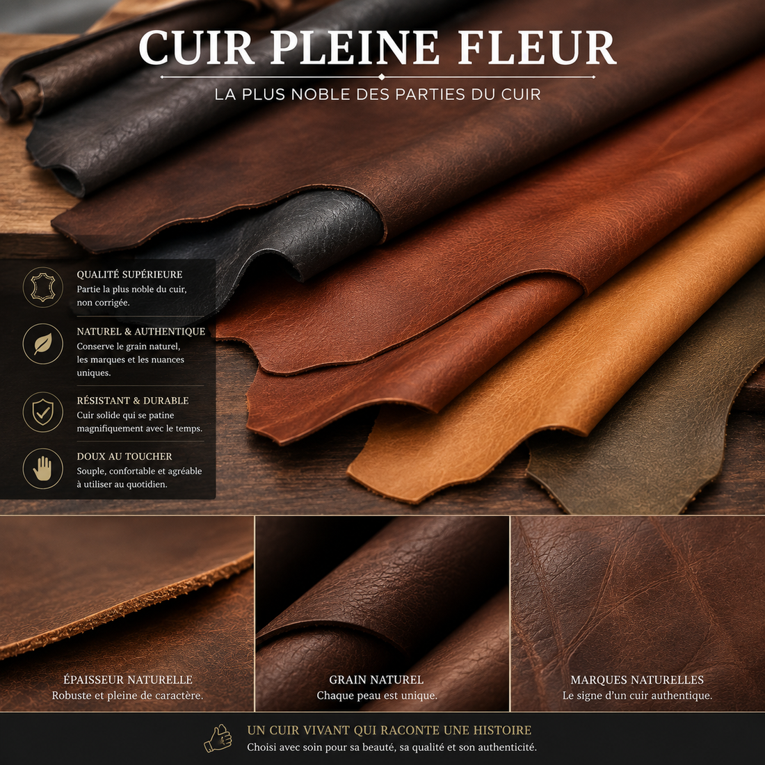 Infographie sur le cuir pleine fleur en plusieurs coloris : qualité supérieure, grain naturel, résistance et gros plans sur l'épaisseur et les marques naturelles du cuir