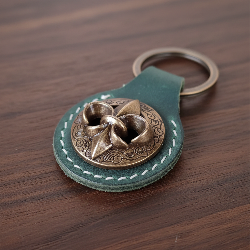 Vert forêt, concho fleur de lys : Porte-clés en cuir vert forêt, concho fleur de lys