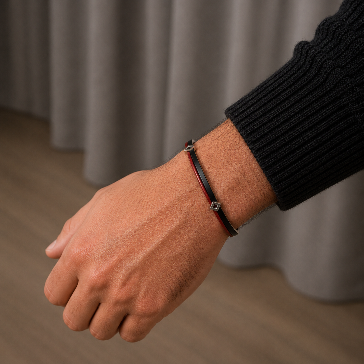 Bracelet Artisanal Double Lanière Cuir Pleine Fleur Bordeau & Noir · Coulissants Losange · Fermoir Acier Cuir & Matière