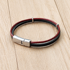 Bracelet Artisanal Double Lanière Cuir Pleine Fleur Bordeau & Noir · Coulissants Losange · Fermoir Acier Cuir & Matière