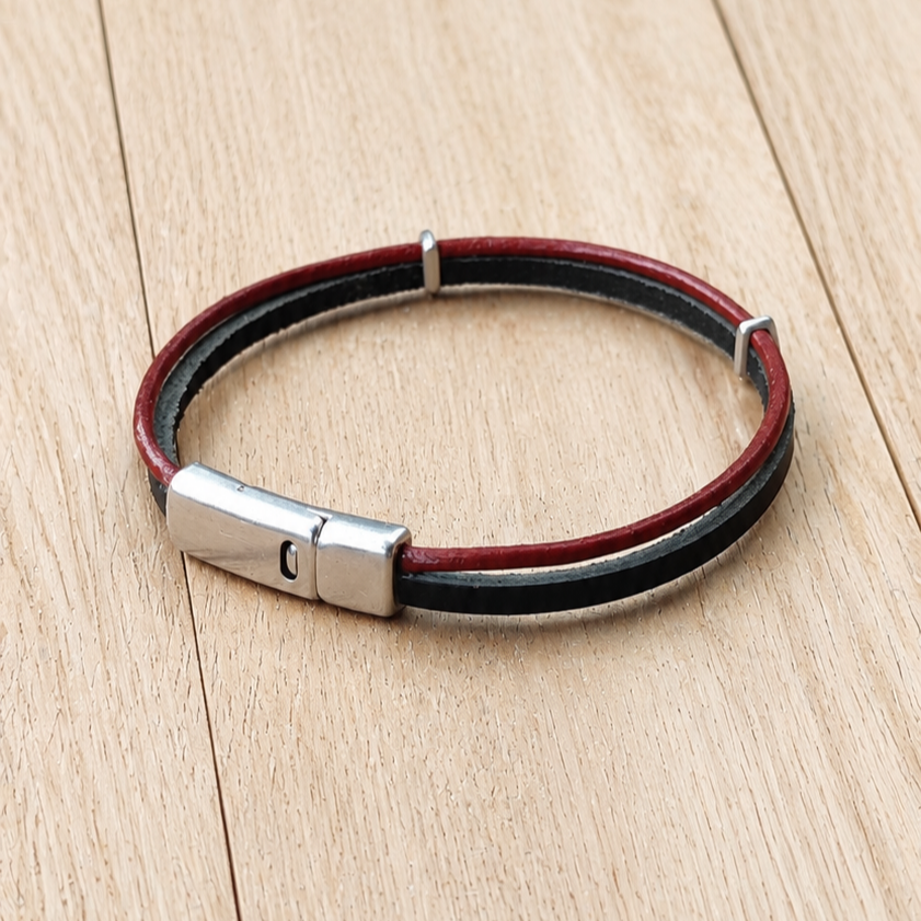 Bracelet Artisanal Double Lanière Cuir Pleine Fleur Bordeau & Noir · Coulissants Losange · Fermoir Acier Cuir & Matière