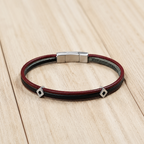 Bracelet Artisanal Double Lanière Cuir Pleine Fleur Bordeau & Noir · Coulissants Losange · Fermoir Acier Cuir & Matière