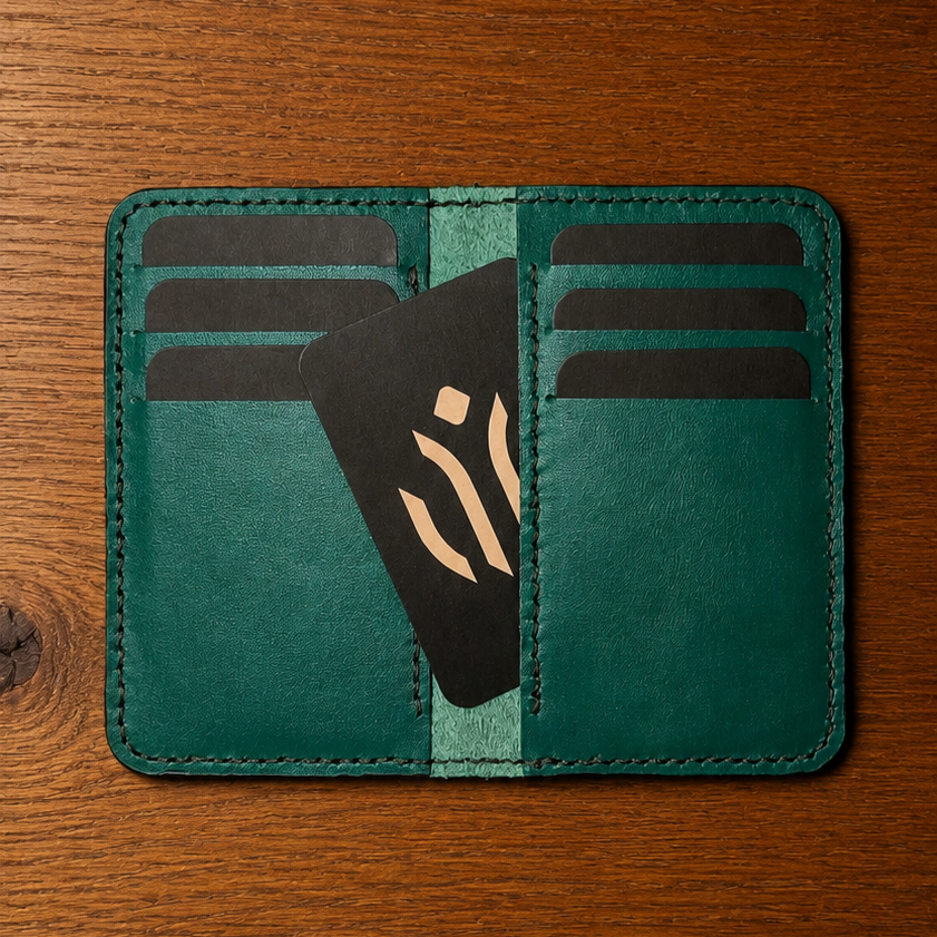 Porte-cartes Bifold Artisanal — Cuir Pleine Fleur Végétal · Vert Forêt Cuir & Matière