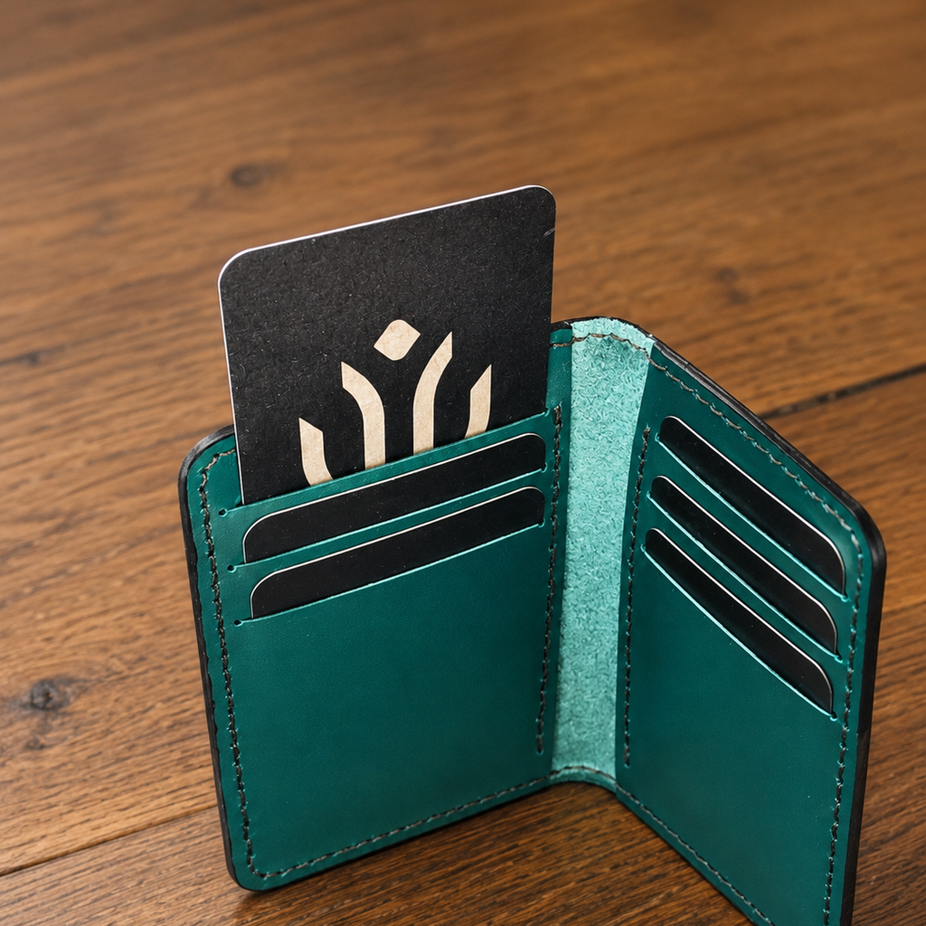 Porte-cartes Bifold Artisanal — Cuir Pleine Fleur Végétal · Vert Forêt Cuir & Matière